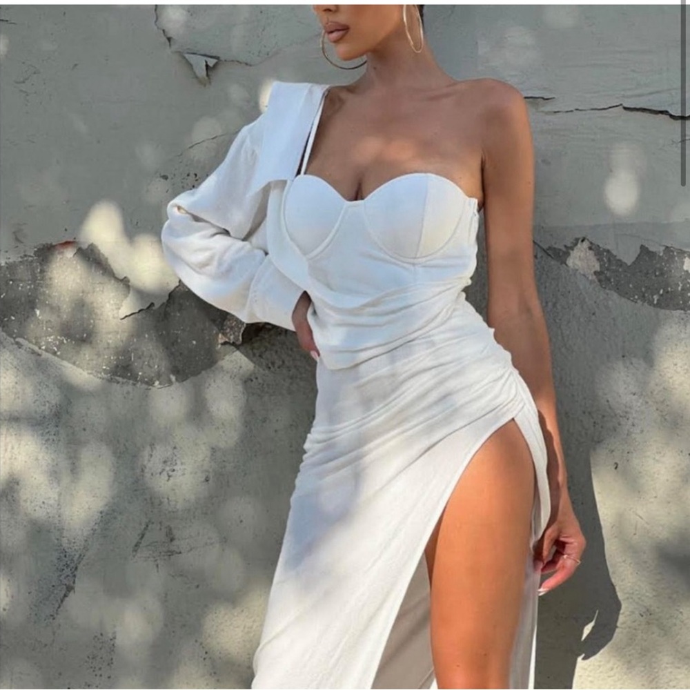 White Evita Linen Draped Dress NEW